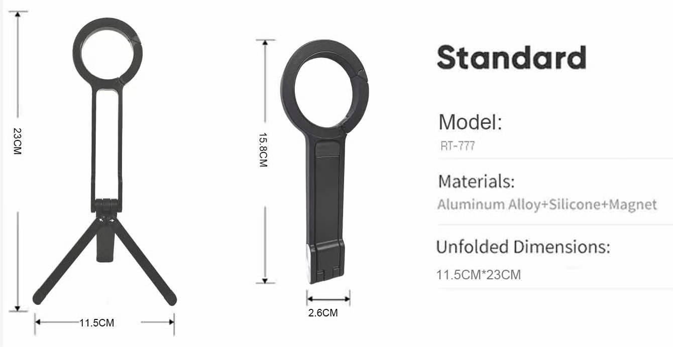 Magnetic Phone Tripod for iPhone, Portable Phone Holder Mini Tripod for Magsafe with Double-Sided Strong Magnetic 1/4'' Arri Locating Hole Foldable Hook