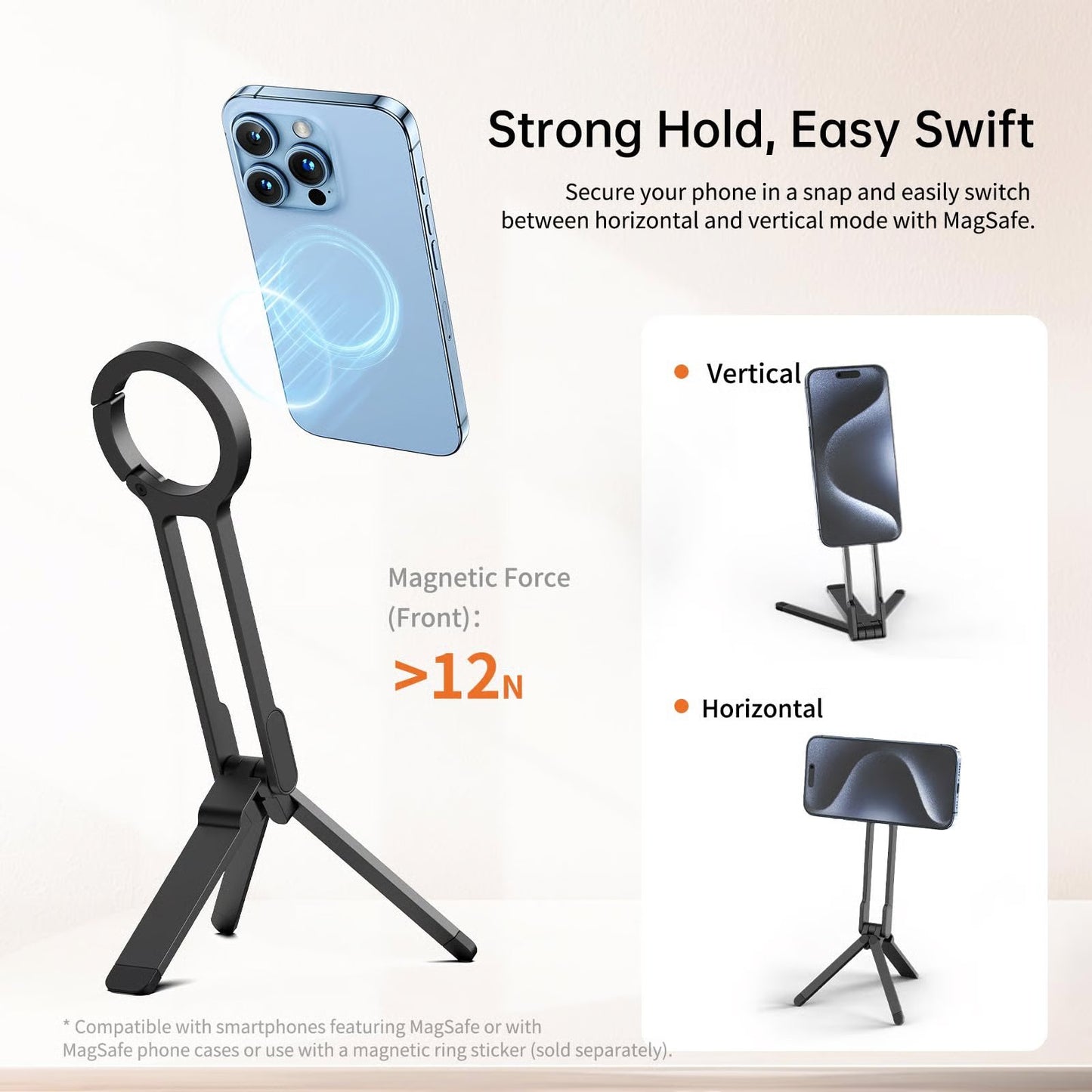 Magnetic Phone Tripod for iPhone, Portable Phone Holder Mini Tripod for Magsafe with Double-Sided Strong Magnetic 1/4'' Arri Locating Hole Foldable Hook