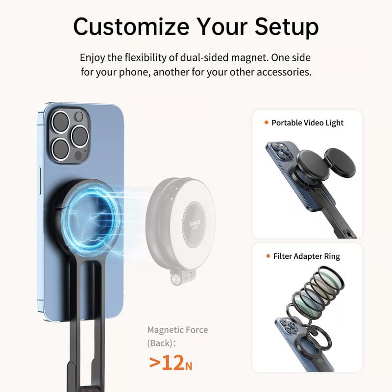 Magnetic Phone Tripod for iPhone, Portable Phone Holder Mini Tripod for Magsafe with Double-Sided Strong Magnetic 1/4'' Arri Locating Hole Foldable Hook