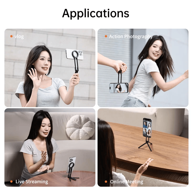 Magnetic Phone Tripod for iPhone, Portable Phone Holder Mini Tripod for Magsafe with Double-Sided Strong Magnetic 1/4'' Arri Locating Hole Foldable Hook